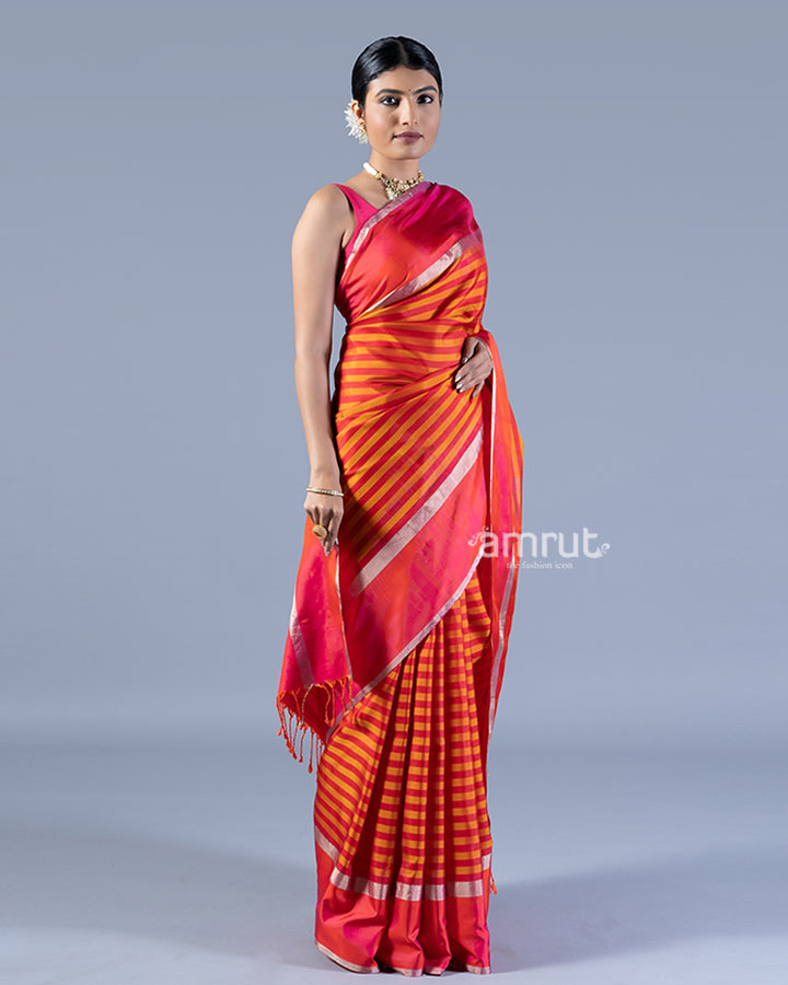 Orange and Hot Pink with Zari woven Stripes Saree with unstitched blouse