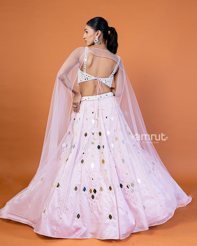 Baby Pink Mirror and Bead Embellished Lehenga Choli with Shrug-Style Dupatta