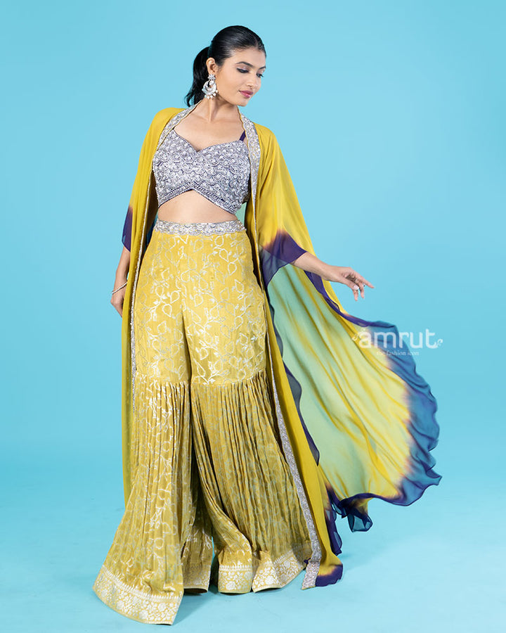 Mustard Yellow and Purple Cape with Sequined Crop Top and Palazzo Pants