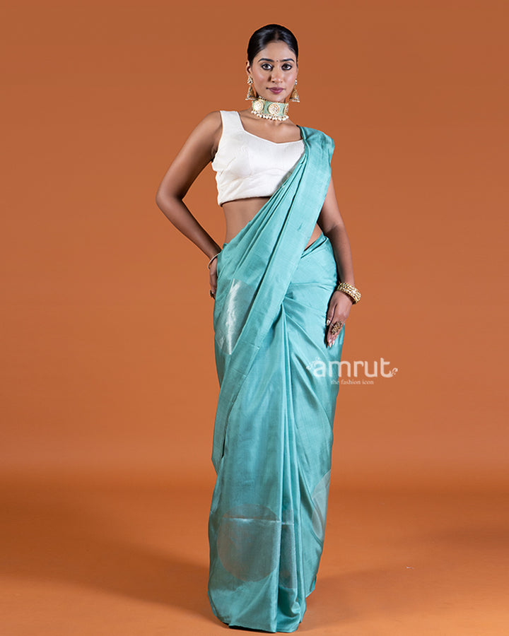 Cyan Blue silk saree with unstitched blouse