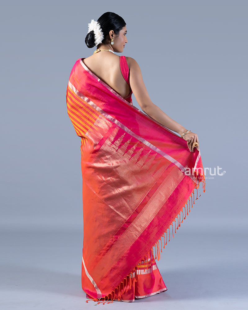 Orange and Hot Pink with Zari woven Stripes Saree with unstitched blouse