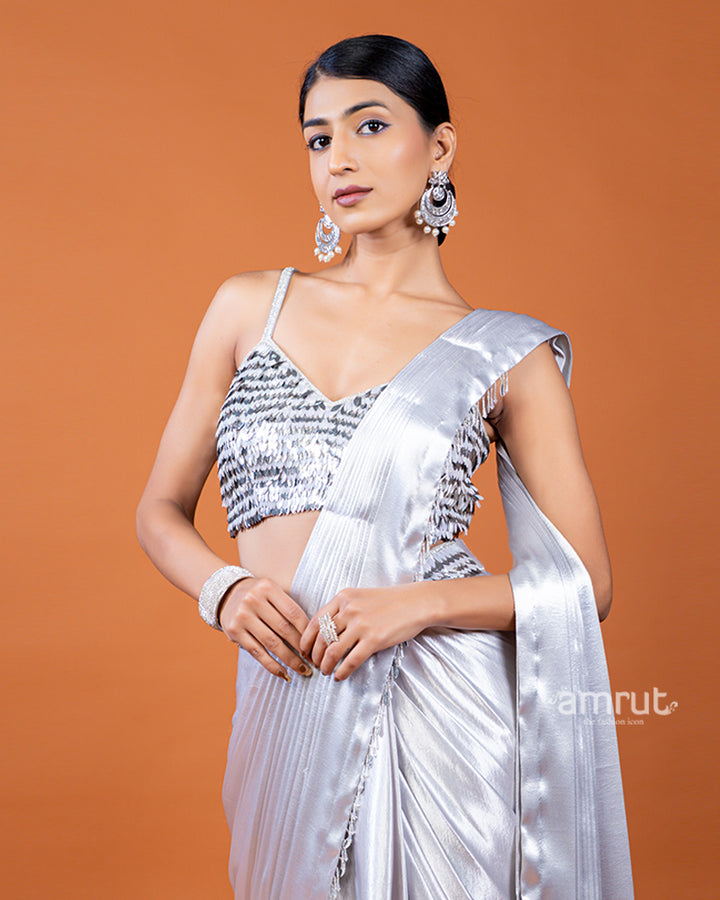 Silver Plain Ready-to-Wear Saree with Designer Blouse