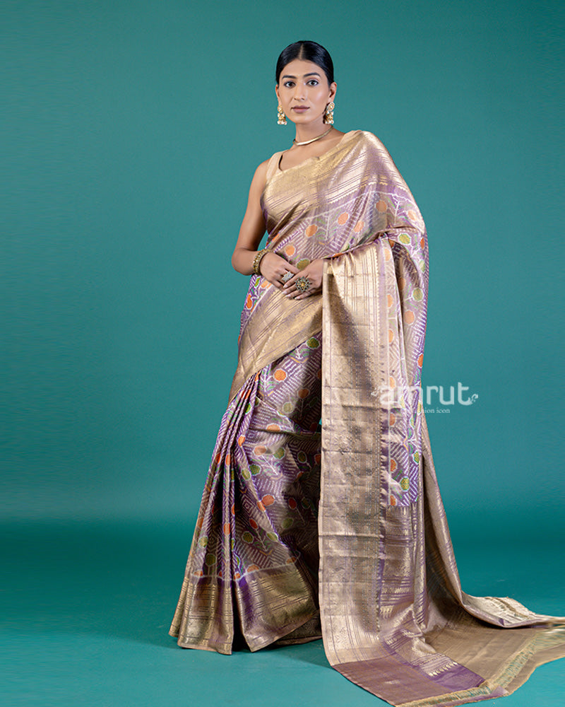 Lavender Kanjivaram Patola Silk Saree with Zari Woven Pallu with unstitched blouse