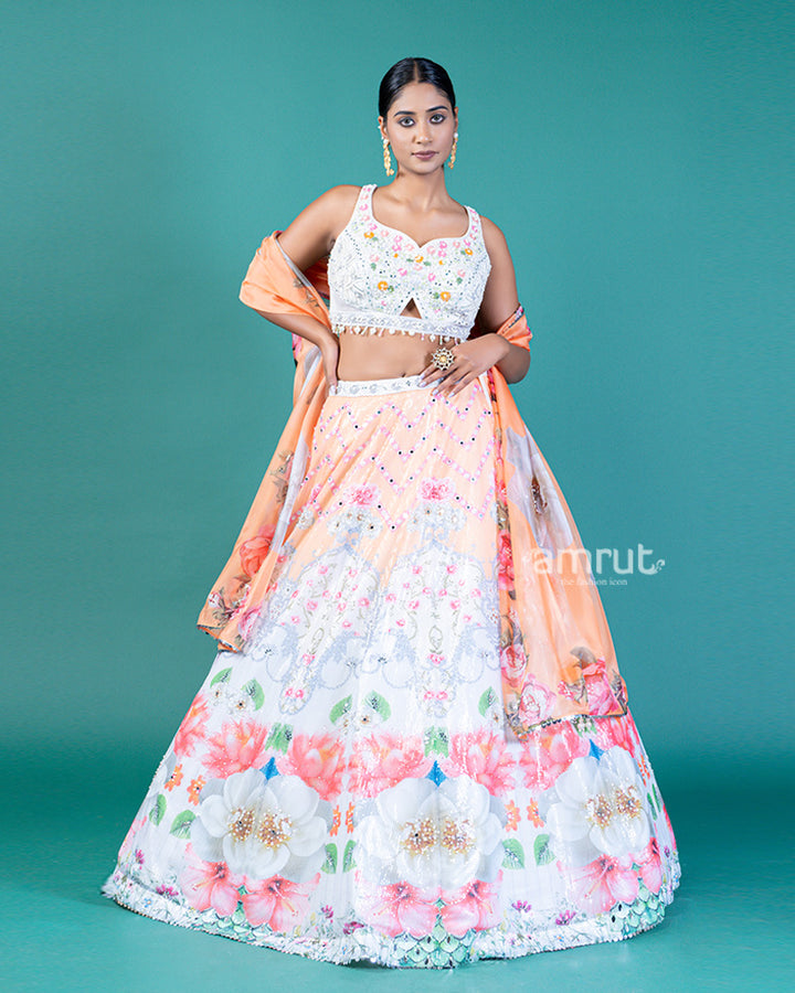 Sequin-Embellished Lehenga Choli with Floral Embroidery and Translucent Peach Dupatta