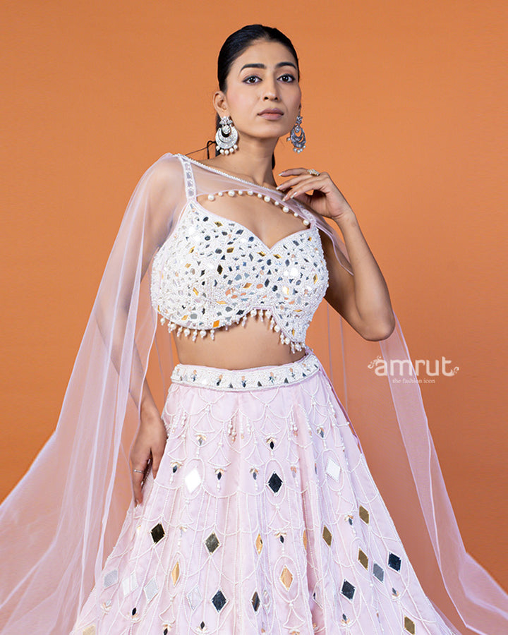 Baby Pink Mirror and Bead Embellished Lehenga Choli with Shrug-Style Dupatta