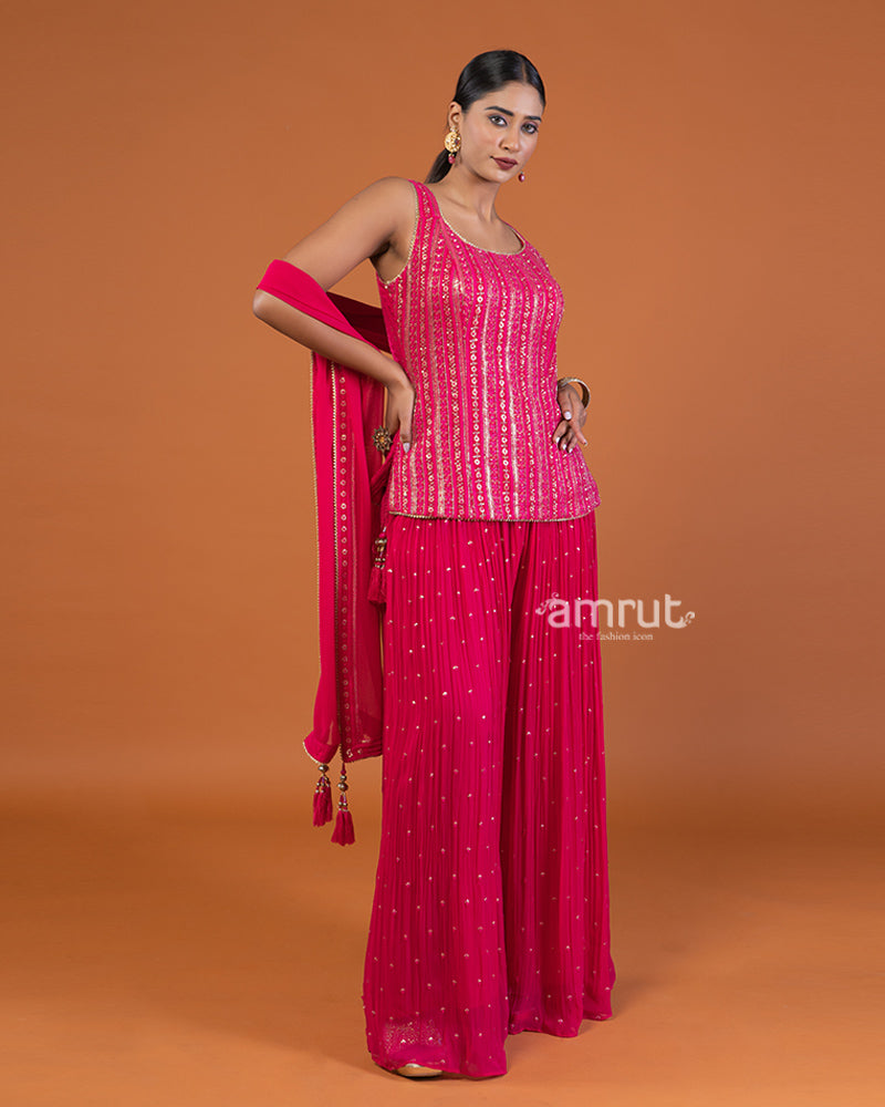 Magenta Pink Sequin Embellished   Palazzo with Sleeveless Plum Top and Dupatta