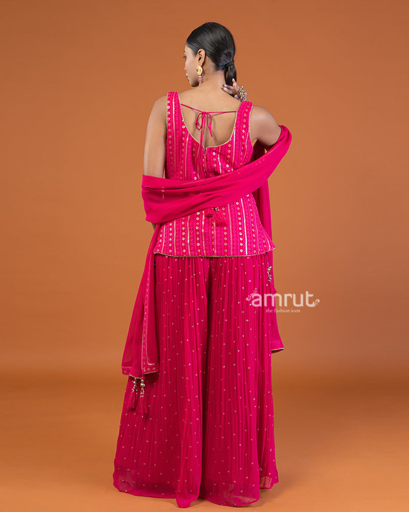 Magenta Pink Sequin Embellished   Palazzo with Sleeveless Plum Top and Dupatta