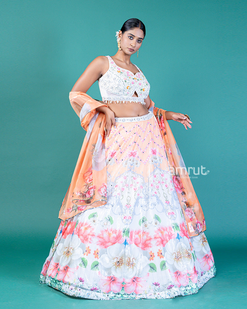 Sequin-Embellished Lehenga Choli with Floral Embroidery and Translucent Peach Dupatta