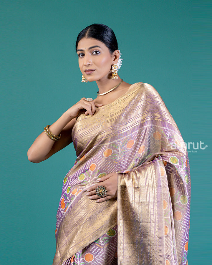 Lavender Kanjivaram Patola Silk Saree with Zari Woven Pallu with unstitched blouse