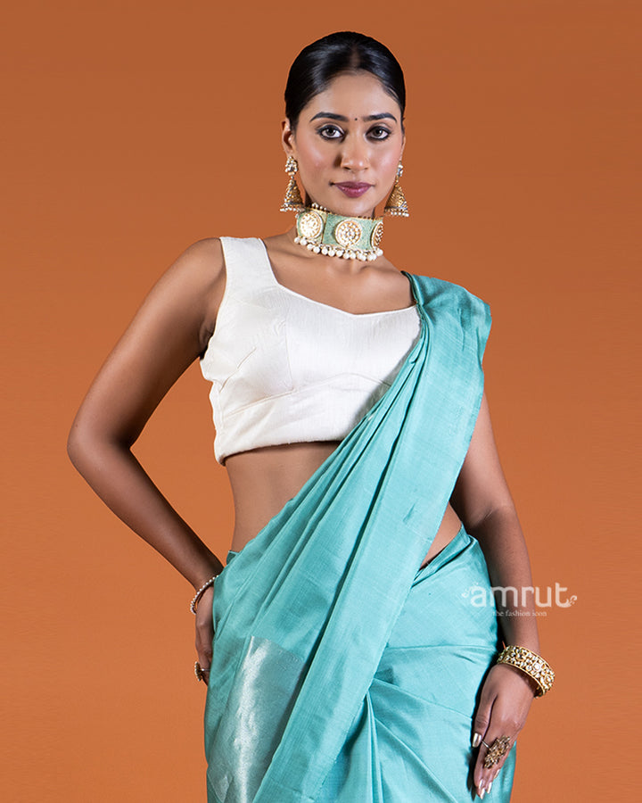 Cyan Blue silk saree with unstitched blouse