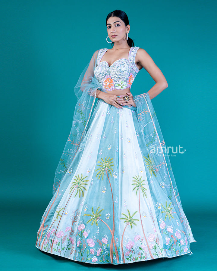 Embellished Crop Top with Sweetheart Neckline and Layered Lehenga in White and Light Teal