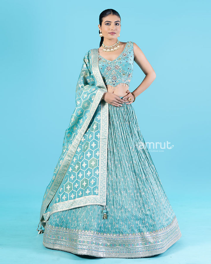 Teal Floral Embroidered Lehenga Choli with Hexagonal Pattern Dupatta