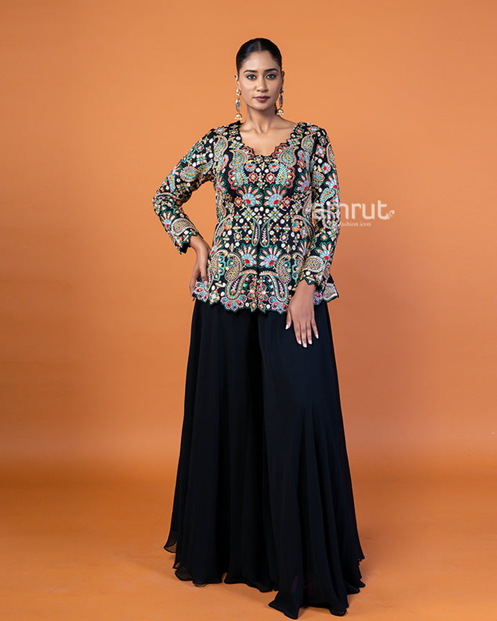 Black Embroidered Plum Top with Flowing Sharara Pants