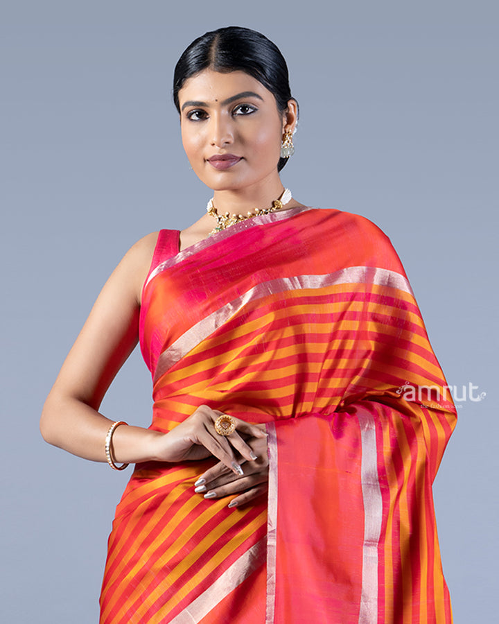 Orange and Hot Pink with Zari woven Stripes Saree with unstitched blouse