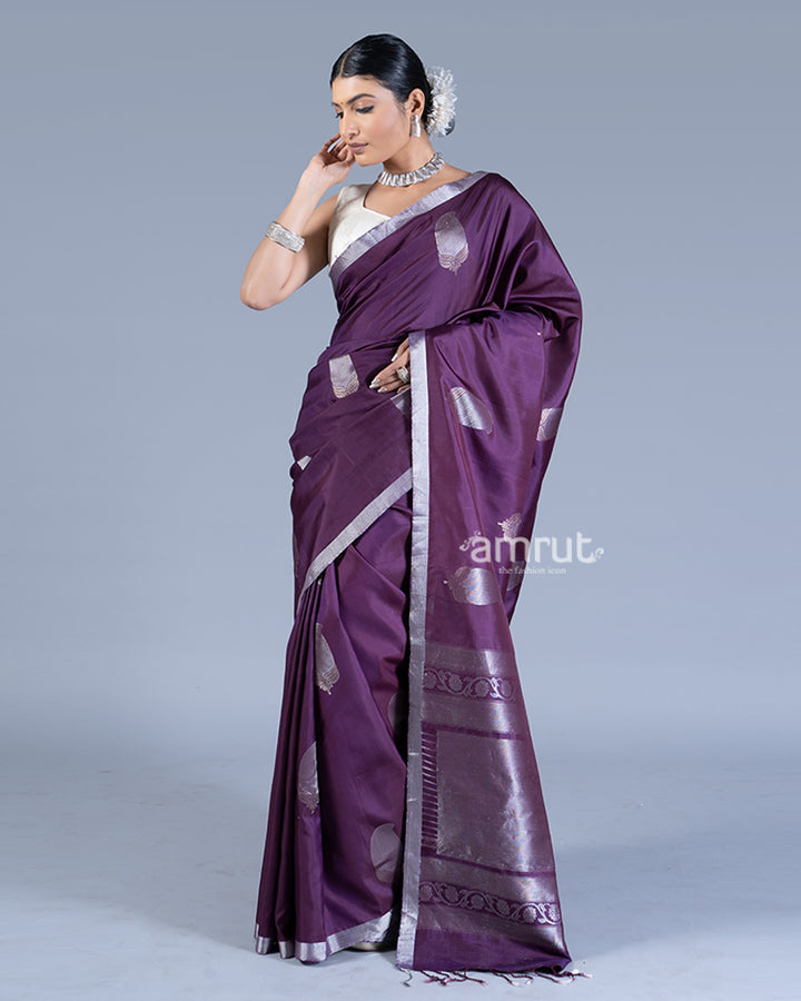 Deep Purple with Silver Zari Leaf Embroidery Saree with unstitched blouse