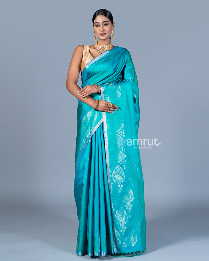 Teal Blue and Green with Intricate Golden Patterns Silk Saree with Unstitched Blouse