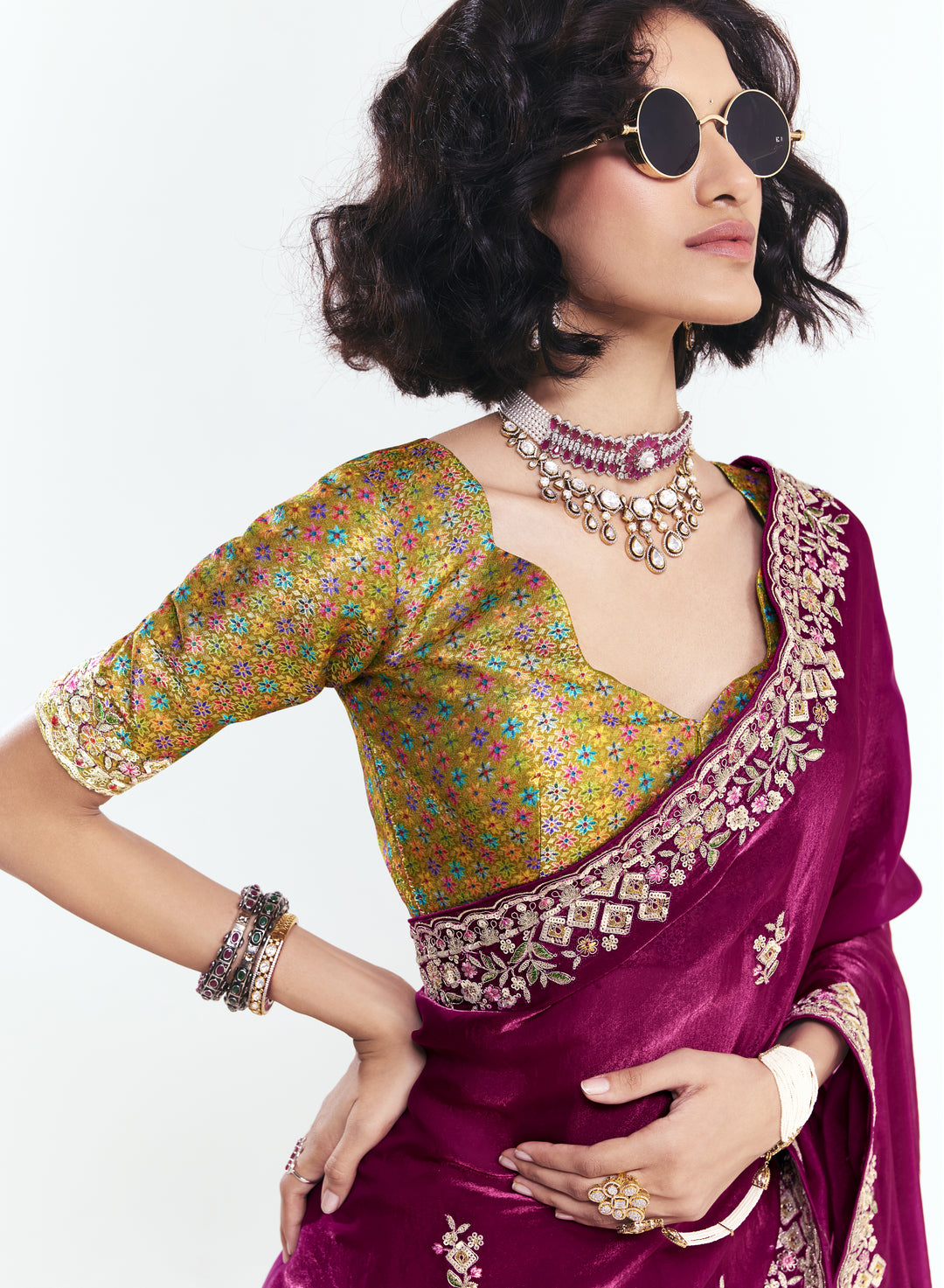 Wine Georgette Saree with Heavy Embroidered Border & Designer Blouse