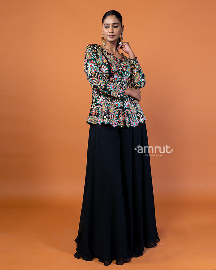 Black Embroidered Plum Top with Flowing Sharara Pants