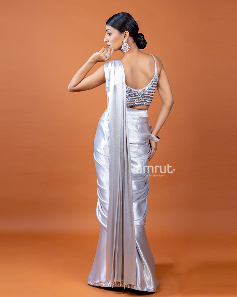 Silver Plain Ready-to-Wear Saree with Designer Blouse