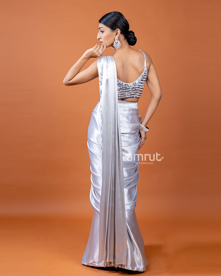 Silver Plain Ready-to-Wear Saree with Designer Blouse