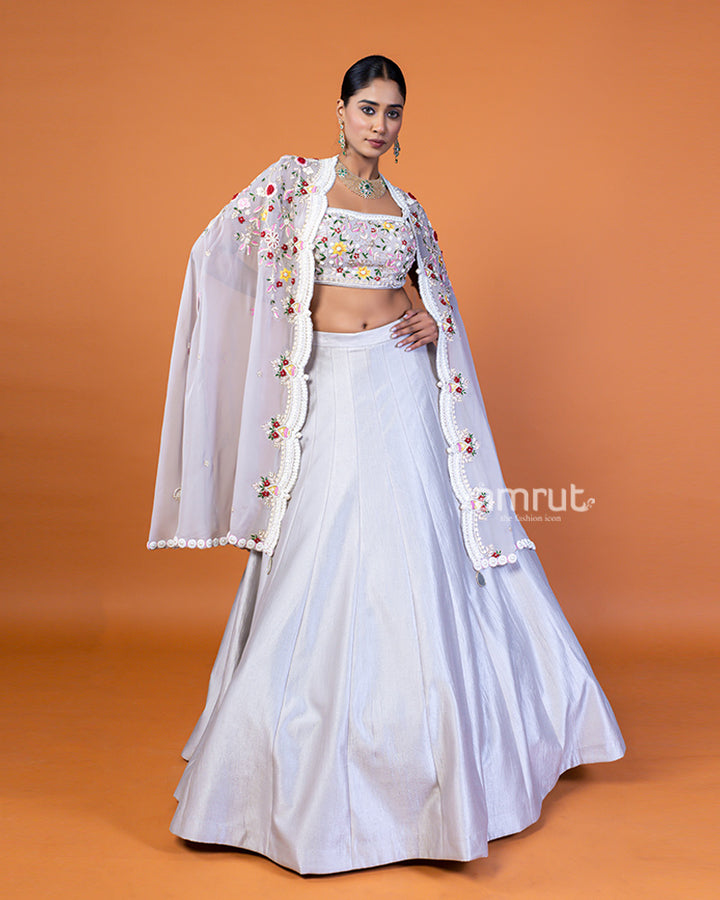 Light Gray Embroidered Lehenga Choli and Shrug Style Floral Lace Dupatta