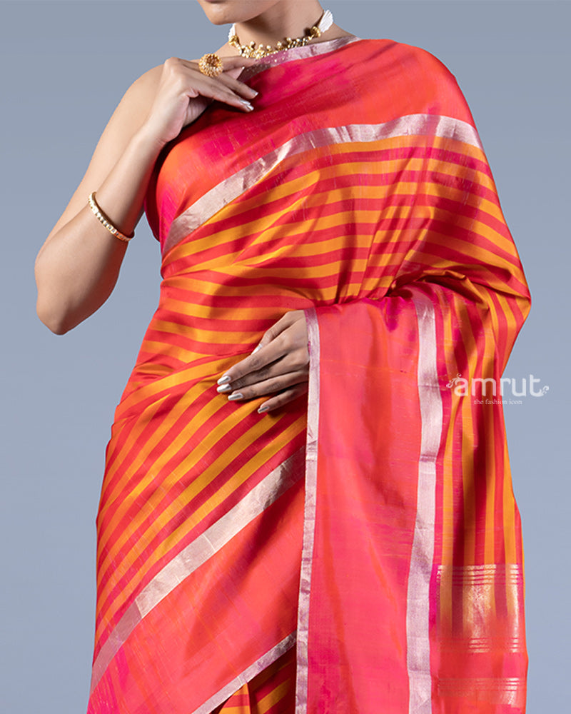 Orange and Hot Pink with Zari woven Stripes Saree with unstitched blouse