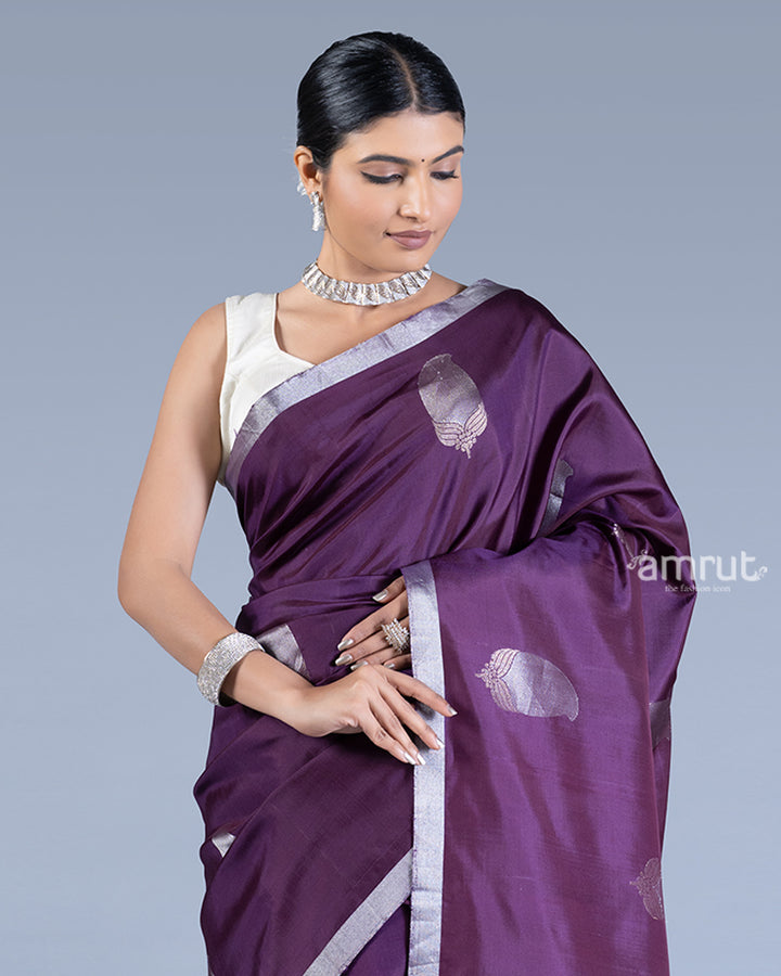 Deep Purple with Silver Zari Leaf Embroidery Saree with unstitched blouse