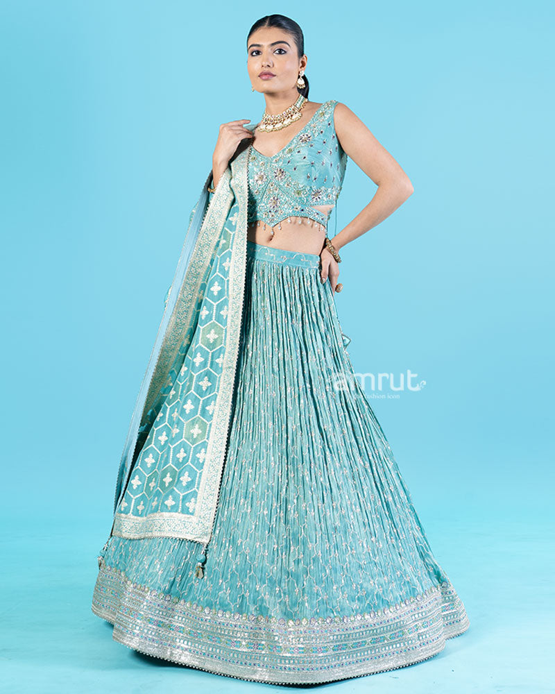 Teal Floral Embroidered Lehenga Choli with Hexagonal Pattern Dupatta