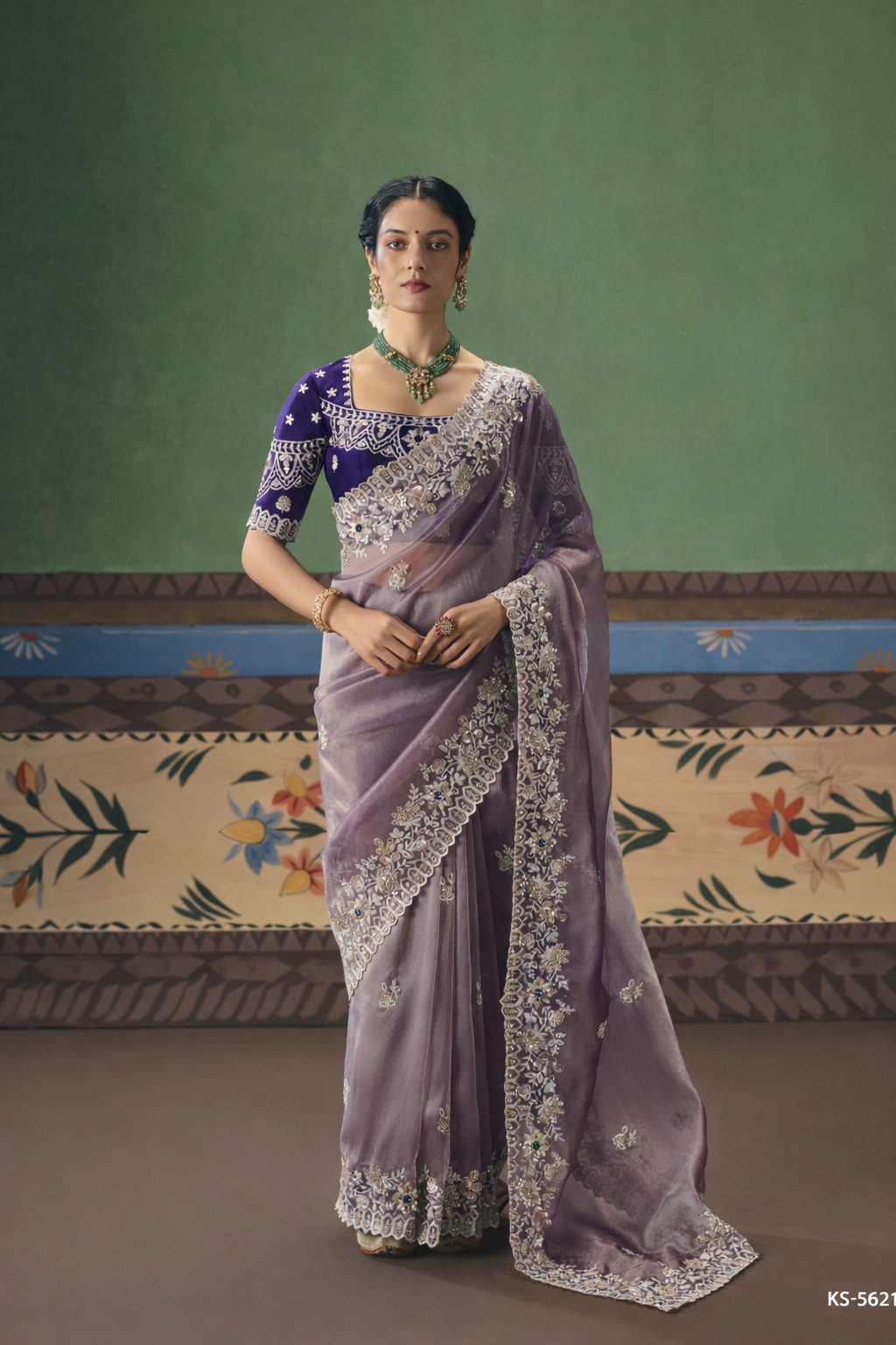 Lavender Designer Embroidered Saree with Contrast Blouse