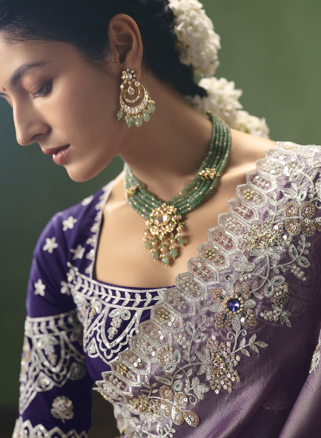 Lavender Designer Embroidered Saree with Contrast Blouse