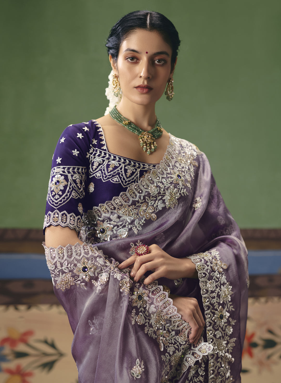 Lavender Designer Embroidered Saree with Contrast Blouse