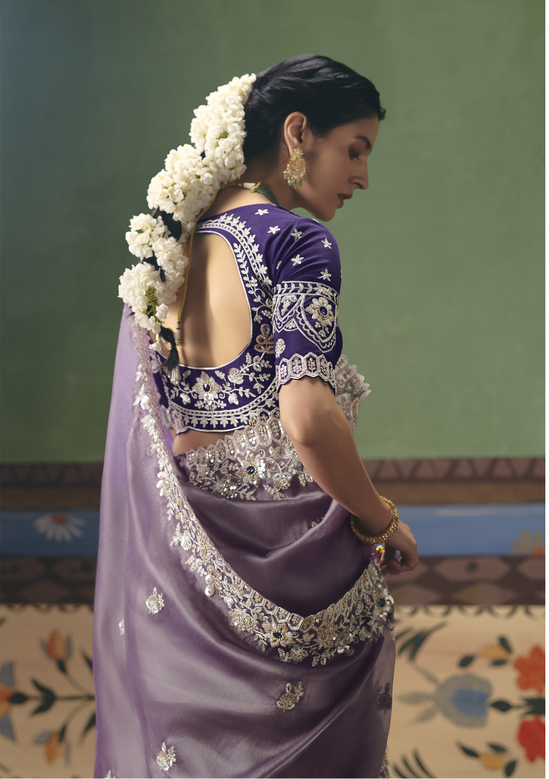 Lavender Designer Embroidered Saree with Contrast Blouse