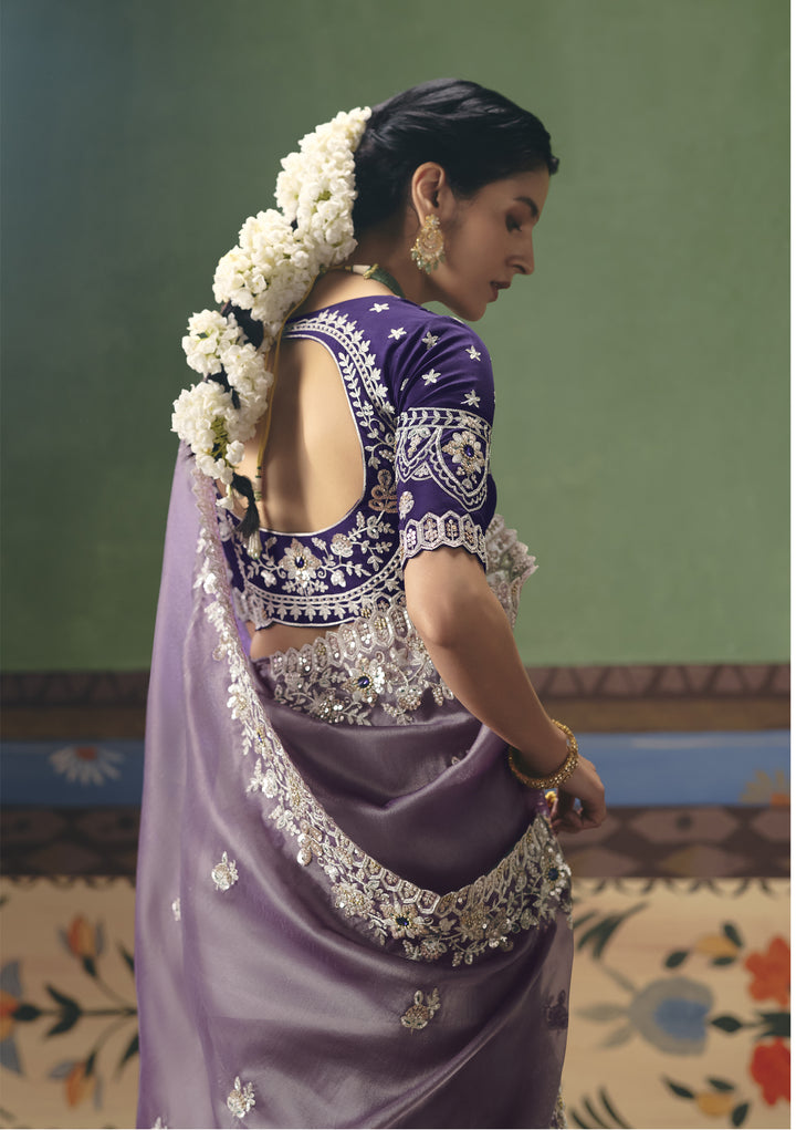 Lavender Designer Embroidered Saree with Contrast Blouse