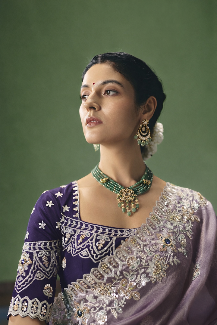 Lavender Designer Embroidered Saree with Contrast Blouse