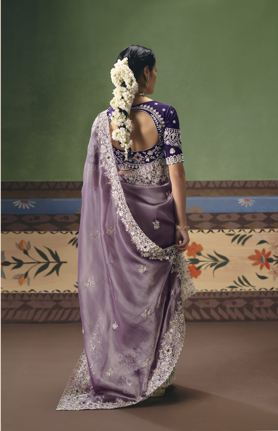 Lavender Designer Embroidered Saree with Contrast Blouse