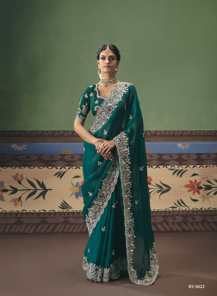 Emerald Green Designer Embroidered Saree with Blouse