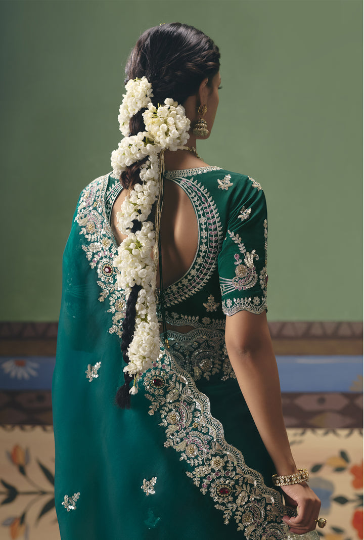 Emerald Green Designer Embroidered Saree with Blouse