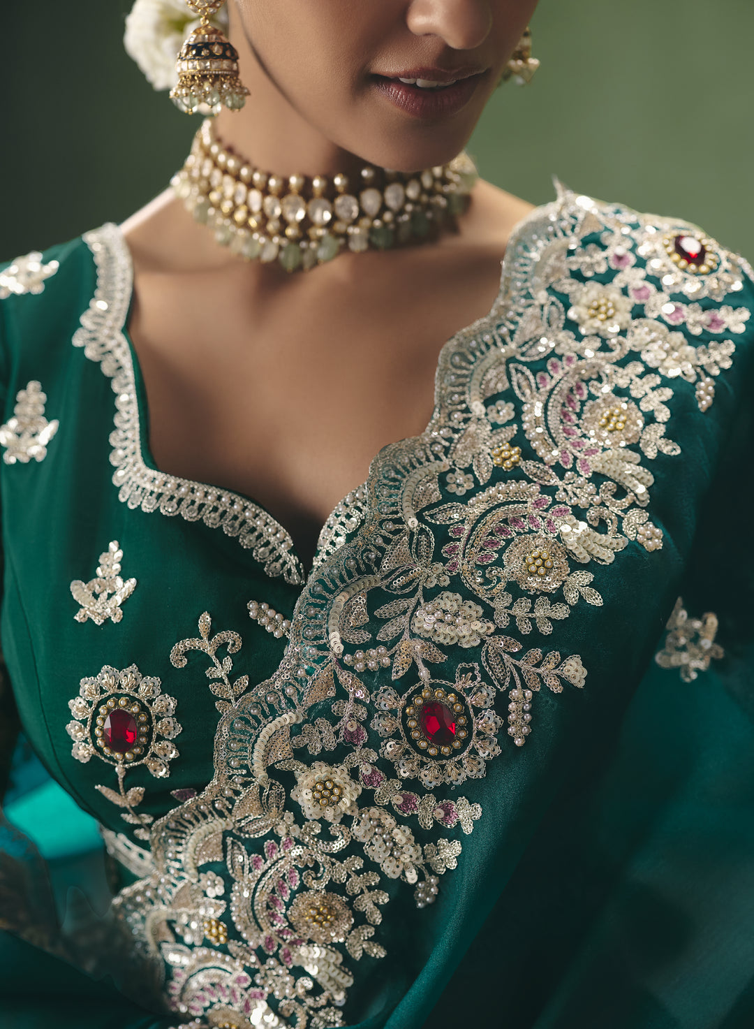 Emerald Green Designer Embroidered Saree with Blouse