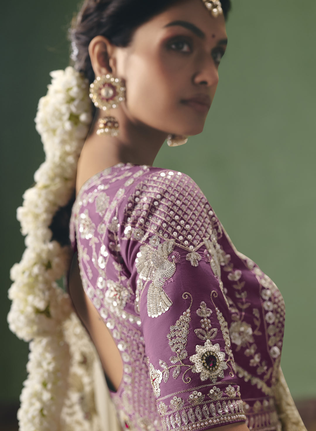 Ivory Designer Embroidered Saree with Contrast Blouse