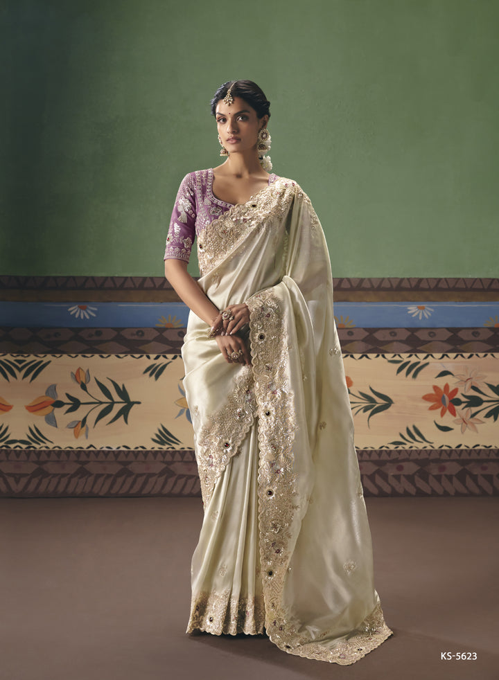 Ivory Designer Embroidered Saree with Contrast Blouse