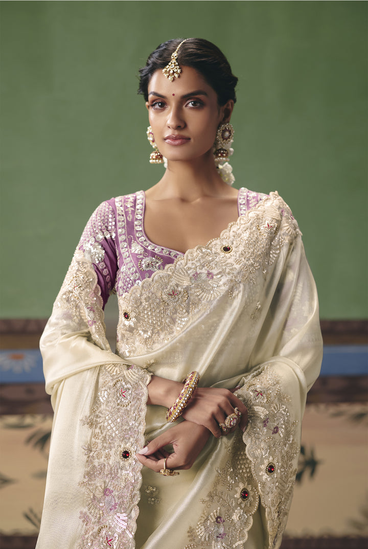 Ivory Designer Embroidered Saree with Contrast Blouse