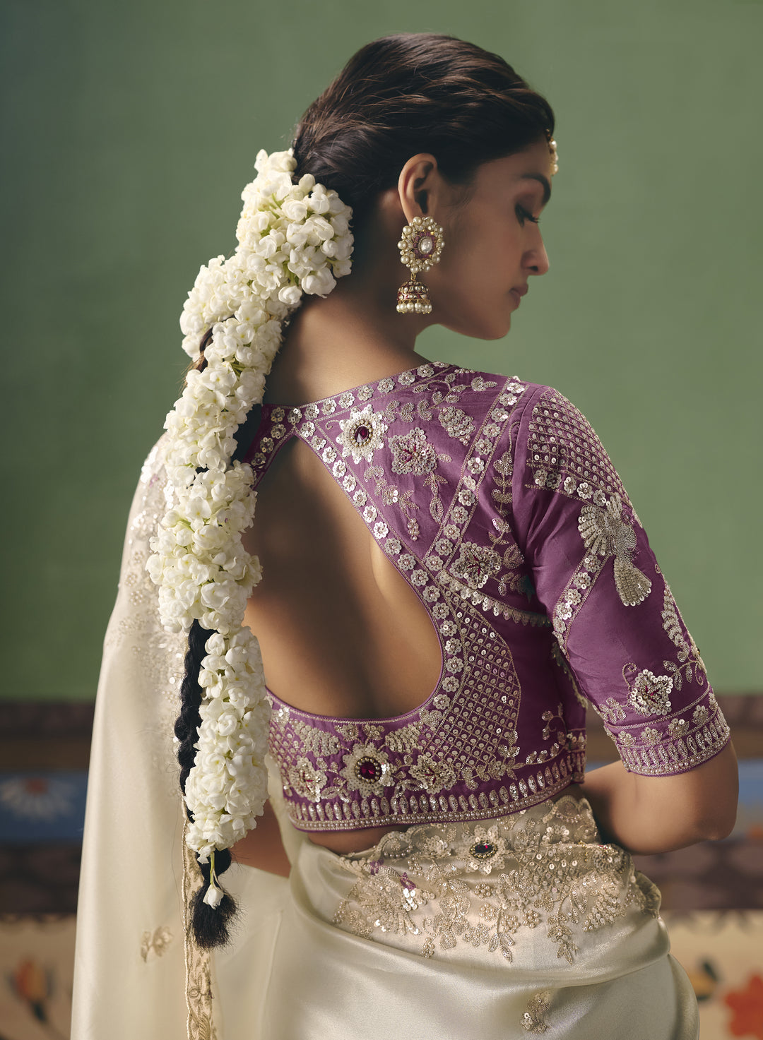 Ivory Designer Embroidered Saree with Contrast Blouse