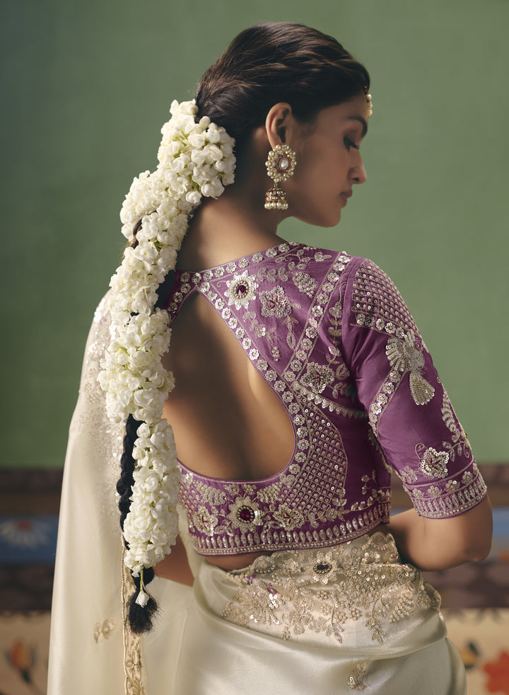 Ivory Designer Embroidered Saree with Contrast Blouse