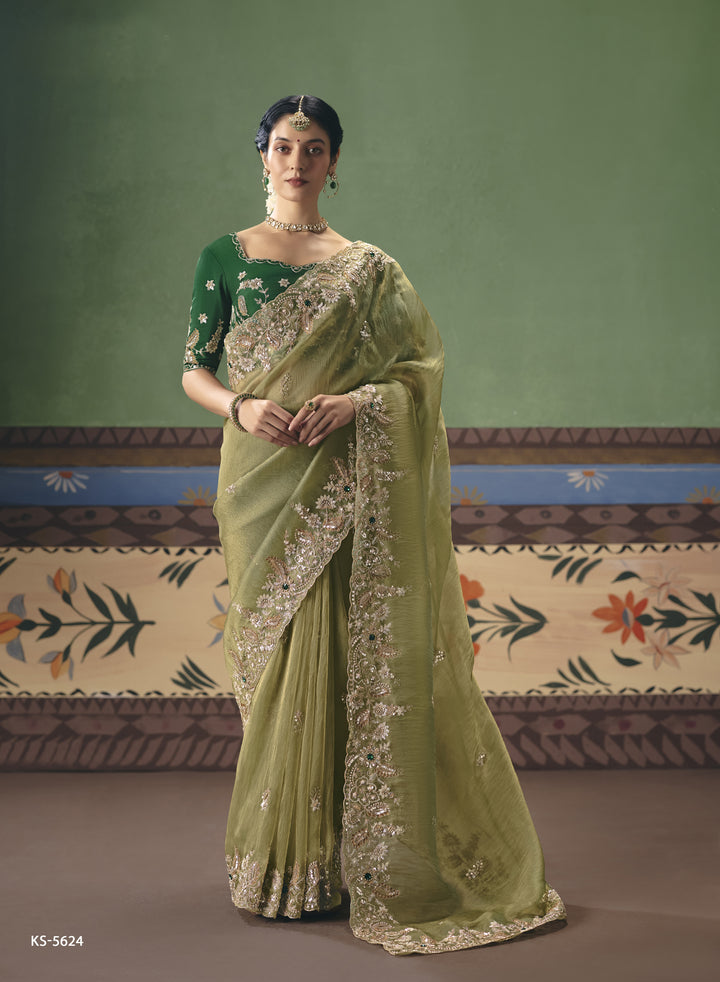 Olive Green Designer Embroidered Saree with Blouse