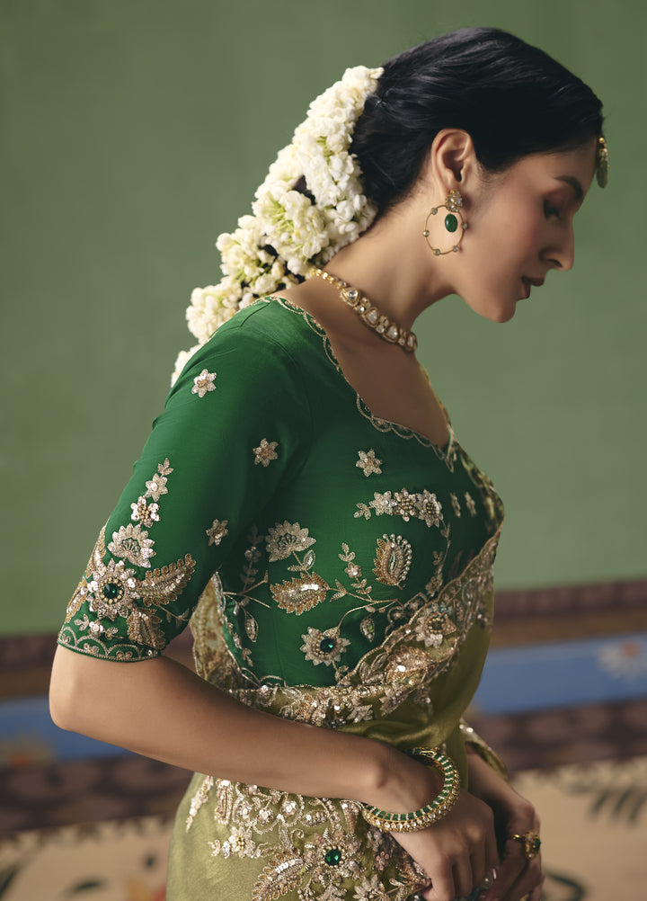Olive Green Designer Embroidered Saree with Blouse