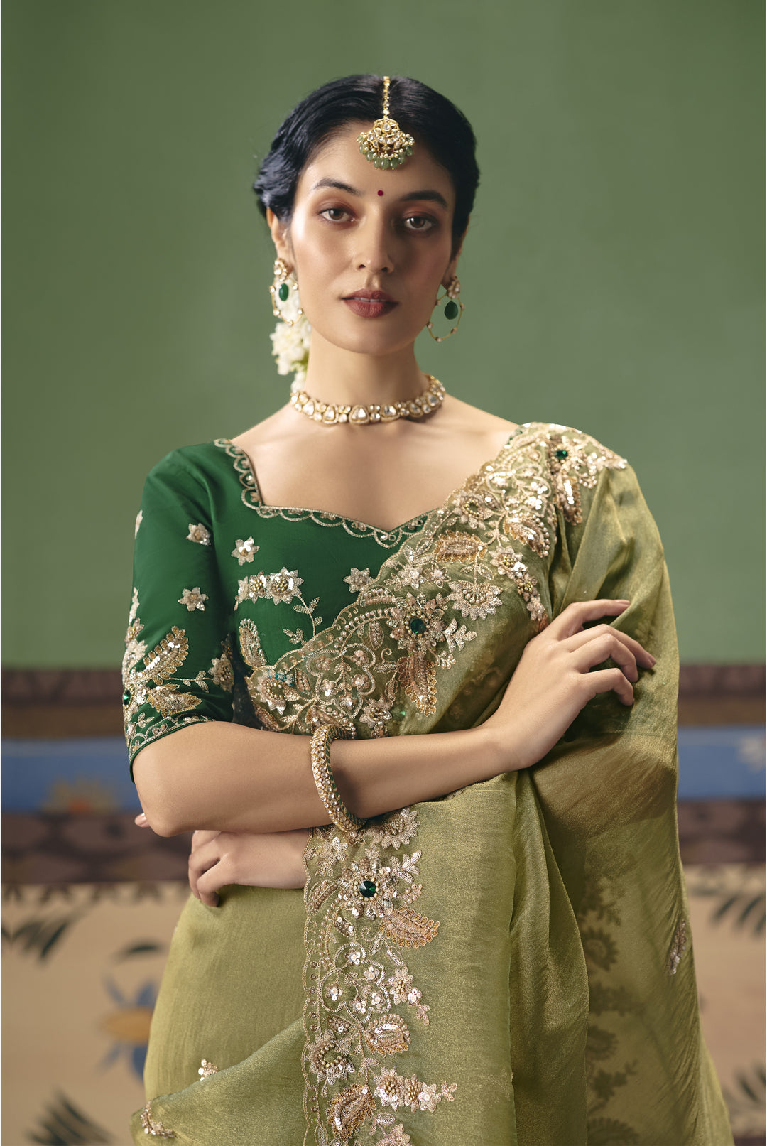 Olive Green Designer Embroidered Saree with Blouse