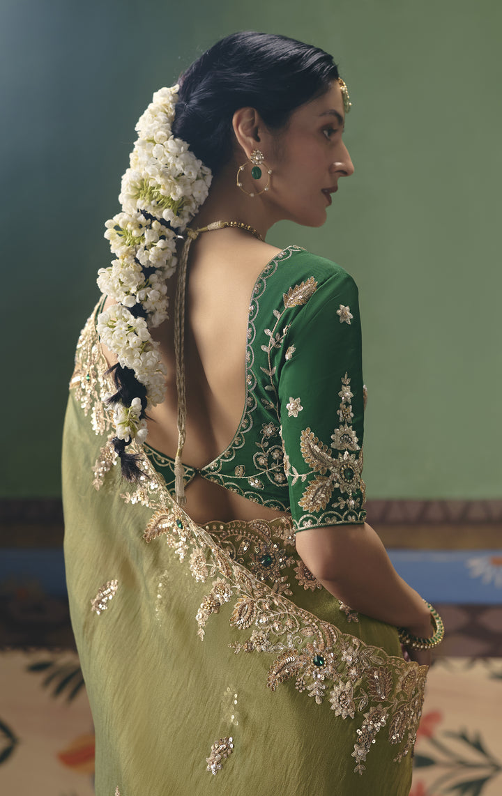 Olive Green Designer Embroidered Saree with Blouse