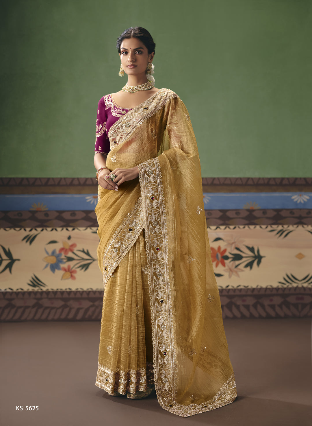 Mustard Gold Designer Embroidered Saree with Contrast Blouse