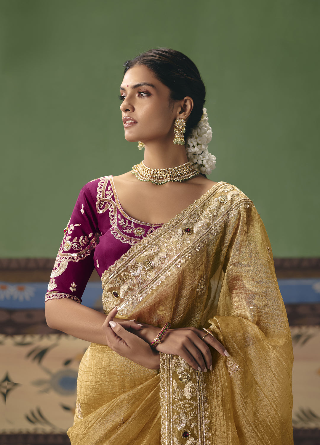 Mustard Gold Designer Embroidered Saree with Contrast Blouse