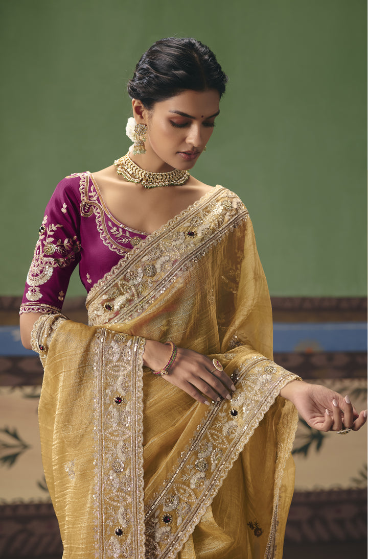 Mustard Gold Designer Embroidered Saree with Contrast Blouse
